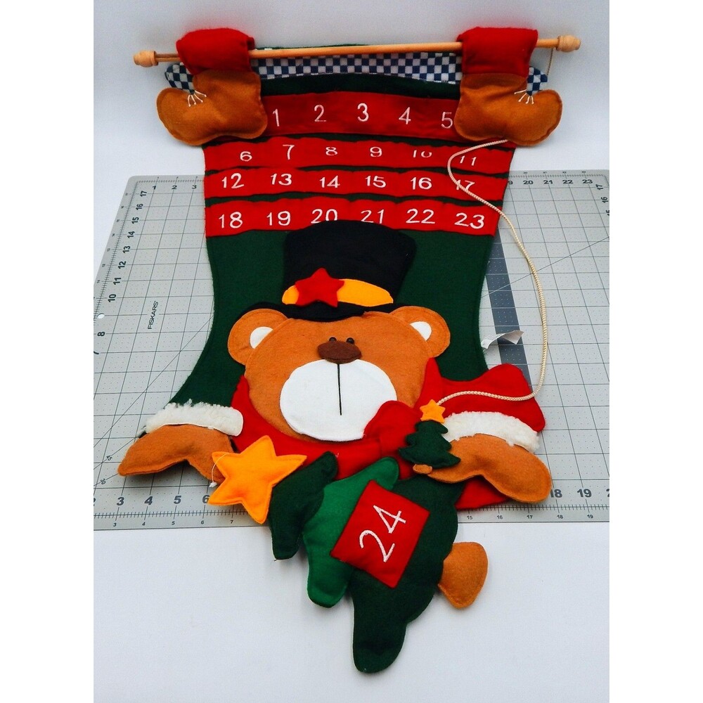Bear Christmas Tree Advent Felt Fabric Calendar Countdown Pockets 32 L X 22 W